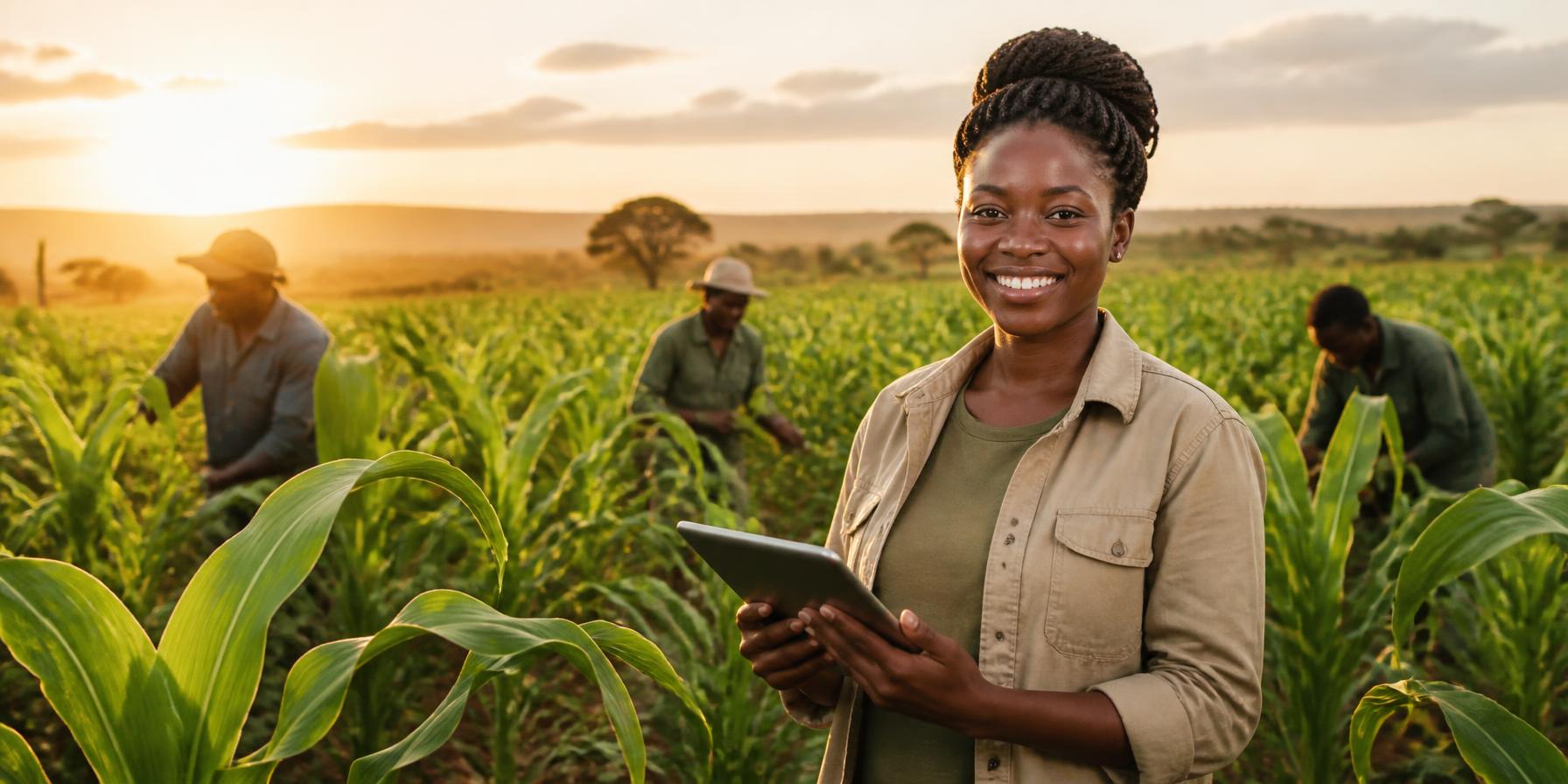 Farmers in a maize field at sunset — Mavuno Dream
